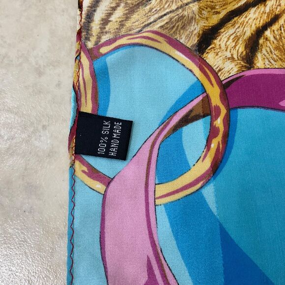 100% Silk Scarf Blue brown Equestrian Horse Bits Chain Print multifunctional - Picture 4 of 10